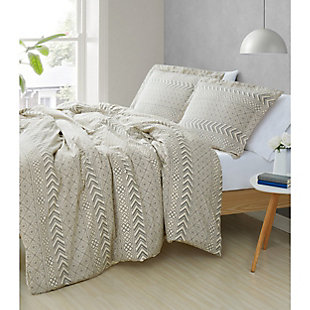Neutralize your bedroom in an inspired way with this gorgeous comforter set that entices with a tile style print with horizontal bands and a solid tone reverse for pretty contrast. How beautifully it sets the scene for everyday luxury. Rest assured, its cotton face fabric is the stuff dreams are made of.100% cotton face; 100% microfiber back; 100% polyester fill | Imported | Machine washable; must be washed in appropriate size equipment to avoid damage | Includes: one twin/twin xl comforter 68x90 inches and one standard sham 20x26 inches.