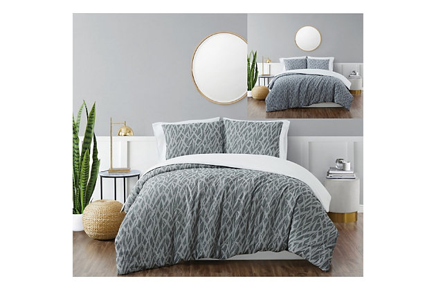 Make a statement in a richly subtle way with this brilliantly styled duvet set with indulgently soft cotton fabric. Featuring a waffle weave pattern, it brings textural dimension to your bedroom retreat you’re sure to love. What an easy complement to so many color schemes. Duvet only; comforter insert not included.Made of 100% cotton with waffle woven textured face | Imported | Machine washable; must be washed in appropriate size equipment to avoid damage | Includes: one full/queen duvet cover 90x90 inches and two standard shams 20x26 inches; comforter insert must be purchased separately.