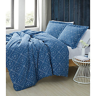 Perfect for a farmhouse fresh aesthetic, this colorful comforter set entices with a diamond print that comes alive in brilliant blue. Solid tone reverse provides cool contrast. How beautifully it sets the scene for everyday luxury. Rest assured, its cotton face fabric is the stuff dreams are made of.100% cotton face; 100% microfiber back; 100% polyester fill | Imported | Machine washable; must be washed in appropriate size equipment to avoid damage | Includes: one twin/twin xl comforter 68x90 inches and one standard sham 20x26 inches.