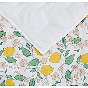 Yearning for an instant bedroom refresh? Liven things up overnight with this brilliantly styled quilt set adorned with pink verbena blossoms and yellow lemons. What a sweet, chic look sure to charm. Solid tone reverse adds an element of interest. Rest assured, its cotton face fabric is the stuff dreams are made of.100% cotton face; 100% microfiber back; 50% cotton/50% polyester fill | Imported | Machine washable; must be washed in appropriate size equipment to avoid damage | Includes: one twin/twin xl quilt 68x90 inches and one standard sham 20x26 inches.
