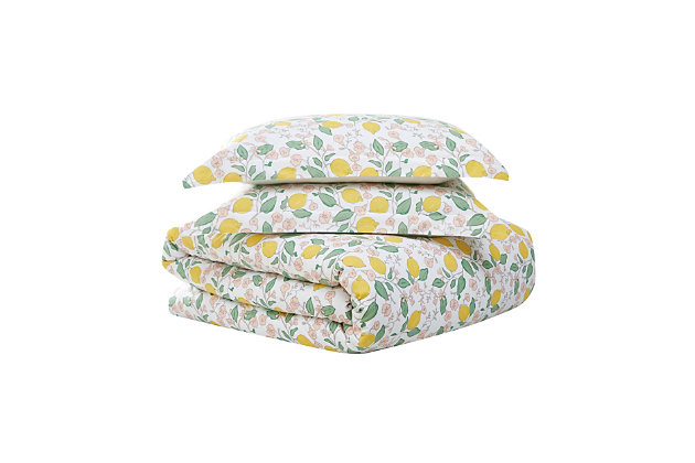 Yearning for an instant bedroom refresh? Liven things up overnight with this brilliantly styled comforter set adorned with pink verbena blossoms and yellow lemons. What a sweet, chic look sure to charm. Solid tone reverse adds an element of interest. Rest assured, its cotton face fabric is the stuff dreams are made of.100% cotton face; 100% microfiber back; 100% polyester fill | Imported | Machine washable; must be washed in appropriate size equipment to avoid damage | Includes: one twin/twin xl comforter 68x90 inches and one standard sham 20x26 inches.