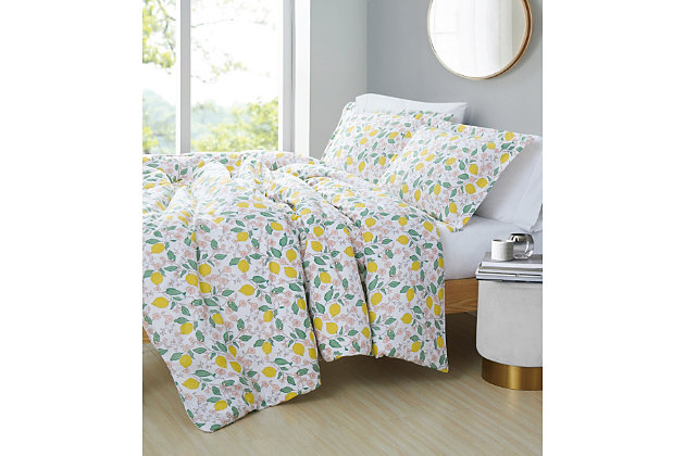 Yearning for an instant bedroom refresh? Liven things up overnight with this brilliantly styled comforter set adorned with pink verbena blossoms and yellow lemons. What a sweet, chic look sure to charm. Solid tone reverse adds an element of interest. Rest assured, its cotton face fabric is the stuff dreams are made of.100% cotton face; 100% microfiber back; 100% polyester fill | Imported | Machine washable; must be washed in appropriate size equipment to avoid damage | Includes: one twin/twin xl comforter 68x90 inches and one standard sham 20x26 inches.
