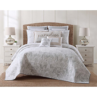 Oceanfront Resort Tropical Plantation Toile 3 Piece Full/Queen Quilt Set, White/Gray, rollover
