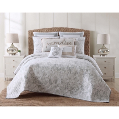 Oceanfront Resort Tropical Plantation Toile 3 Piece King Quilt Set, White/Gray, large