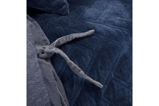 This luxurious quilt gives your bedroom the “blues” in the best possible way. Sumptuously soft cotton face is beautified with chevron tufting for rich dimension. Whether your style is coastal chic or clean and contemporary, this quilt offers the color and comfort you crave.100% cotton face  | Machine and hand quilted | Dry clean only | Imported | Polyester fill | Shams not included