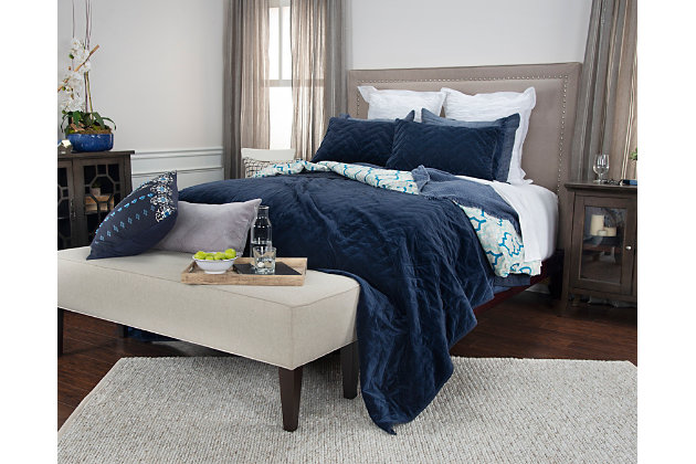 This luxurious quilt gives your bedroom the “blues” in the best possible way. Sumptuously soft cotton face is beautified with chevron tufting for rich dimension. Whether your style is coastal chic or clean and contemporary, this quilt offers the color and comfort you crave.100% cotton face  | Machine and hand quilted | Dry clean only | Imported | Polyester fill | Shams not included