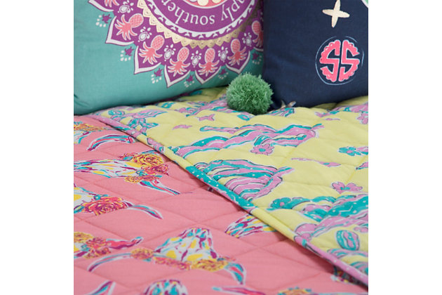 Give her the bedroom of her dreams with help from this vibrantly hued quilt set that’s so her style. Loaded with color and cottony softness, it includes a reversible design she’s sure to flip for.100% cotton face | 2-piece set; reversible | Machine wash cold, gentle cycle, tumble dry low, do not bleach | Imported | Polyester fill | 1 quilt and 1 sham