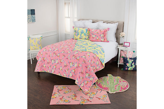 Give her the bedroom of her dreams with help from this vibrantly hued quilt set that’s so her style. Loaded with color and cottony softness, it includes a reversible design she’s sure to flip for.100% cotton face | 3-piece set; reversible | Machine wash cold, gentle cycle, tumble dry low, do not bleach | Imported | Polyester fill | 1 quilt and 2 shams