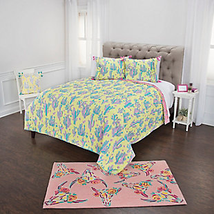 Give her the bedroom of her dreams with help from this vibrantly hued quilt set that’s so her style. Loaded with color and cottony softness, it includes a reversible design she’s sure to flip for.100% cotton face | 3-piece set; reversible | Machine wash cold, gentle cycle, tumble dry low, do not bleach | Imported | Polyester fill | 1 quilt and 2 shams