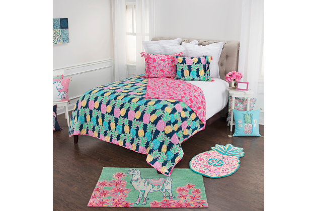Give her the bedroom of her dreams with help from this vibrantly hued quilt set that’s so her style. Loaded with color and cottony softness, it includes a reversible design she’s sure to flip for.100% cotton face | 2-piece set; reversible | Machine wash cold, gentle cycle, tumble dry low, do not bleach | Imported | Polyester fill | 1 quilt and 1 sham