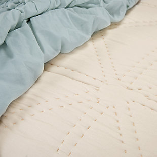 Shifting into neutral? You’ll love how this quilt set with cotton face looks and feels. The muted color treatment is wonderfully easy on the eyes. Textural detailing gives the calm and quiet hue just enough oomph. 100% cotton face  | 3-piece set | Machine wash cold, gentle cycle, tumble dry low, do not bleach | Imported | Polyester fill | 1 quilt and 2 shams