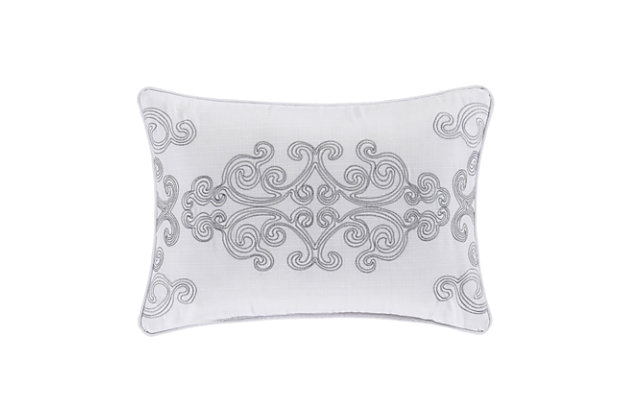 The Claremont Boudoir Pillow is made using a textured Ivory fabric with a unique stylized embroidery pattern running across the face. This beautiful pillow matches back perfectly to the Claremont Bedding Collection or any room in the home.Elegant accent pillow for your bedding, sofa, or armchair. | Made with design house quality fabric and craftsmanship. | Timeless take on traditional patterns with an updated color palette. | Mach cold | Imported | Polyester