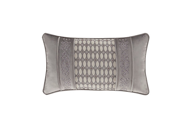The Belvedere embellished boudoir accent pillow is luxurious and elegant with an incredibly soft hand from the woven velvet design. This exquisite rectangular pillow has a hand made embroidery that compliments the top of bed design. The pillow offers a gorgeous velvet diamond pattern face, and is reversible adding the option to use both sides. It is finished with a 1/4" silver gray piping for added detail. Pair this pillow with the Belvedere Bedding set by J. Queen New York for a showstopper complete look.Elegant accent pillow for your bedding, sofa, or armchair. | Made with design house quality fabric and craftsmanship. | Timeless take on traditional patterns with an updated color palette. | Dry Clean | Imported | Polyester