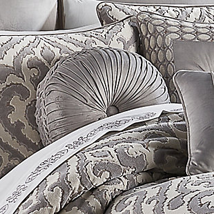 The Tufted Round Throw Pillow uses a solid silver grey velvet fabric to create a one of a kind accent to this bedding ensemble. These unique deeply tufted round pillows are sewn by hand and are finished with a fabric button on both sides. Special craftsmanship includes hand pleating.Comforter Set Includes: 1 Comforter, 2 Pillow Shams, 1 Bedskirt. | Made with design house quality fabric and craftsmanship. | Timeless take on traditional patterns with an updated color palette. | Dry Clean | Imported