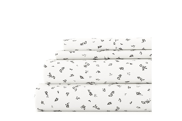 The Spotted Leaves Pattern Sheet Set by The Home Collection is the most luxurious bedding on the market at the most affordable price. The unparalleled softness and the excellent breathability that keeps you dry and cool throughout the night is sure to impress you. You comfort is of the utmost importance to us. In addition to impeccable comfort, our sheets are wrinkle resistant, twice as strong as cotton, and perfect for all seasons.Twin size set includes: 1 fitted sheet: 39" w x 75" l +14" , 1 flat sheet: 66" w x 96" l , 1 standard pillowcase: 20" w x 30" l | Double-brushed microfiber for outstanding comfort | Printed spotted leaves design for a classic addition to any bedroom decor | 14" deep pocket fitted sheets - accomandates a mattress up to 18" deep | Easy care: machine wash cold, tumble dry low, do not bleach, iron, or use fabric softener. Fade and wrinkle resistant | Imported