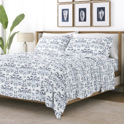Home Collection Premium Ultra Soft Garden Estate Pattern 4-Piece California King Bed Sheet Set, Navy, large