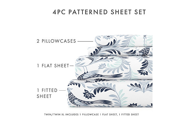 The Garden Estate Pattern Sheet Set by The Home Collection is the most luxurious bedding on the market at the most affordable price. The unparalleled softness and the excellent breathability that keeps you dry and cool throughout the night is sure to impress you. You comfort is of the utmost importance to us. In addition to impeccable comfort, our sheets are wrinkle resistant, twice as strong as cotton, and perfect for all seasons.Twin size set includes: 1 fitted sheet: 39" w x 75" l +14" , 1 flat sheet: 66" w x 96" l , 1 standard pillowcase: 20" w x 30" l | Double-brushed microfiber for outstanding comfort | Printed garden estate design for a classic addition to any bedroom decor | 14" deep pocket fitted sheets - accomandates a mattress up to 18" deep | Easy care: machine wash cold, tumble dry low, do not bleach, iron, or use fabric softener. Fade and wrinkle resistant | Imported
