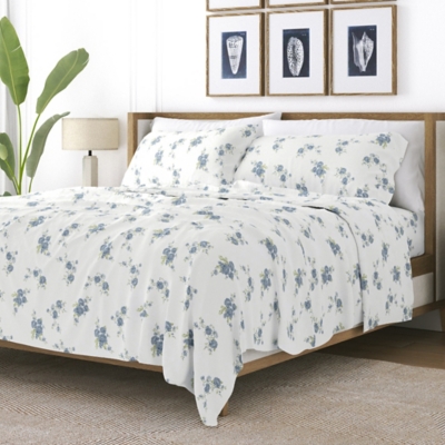 Home Collection Premium Rose Bunch 4-Piece Flannel Queen Bed Sheet Set, Light Blue, large