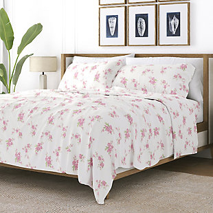 Home Collection Premium Rose Bunch 4-Piece Flannel Queen Bed Sheet Set, Pink, rollover