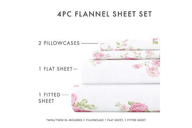 Add a pop of color and warmth to your bedroom decor with this stylish Rose Bunch flannel sheet set available in both Light Blue and Pink. These sheets are finely crafted of a cotton-rich blend. The ultimate softness and dense fabric is specifically designed to keep you snuggled up and cozy all night long.Twin size set includes: 1 fitted sheet: 39" w x 75" l +14" , 1 flat sheet: 66" w x 96" l , 1 standard pillowcase: 20" w x 30" l | Made of ultra-soft 100% cotton | Printed rose bunch pattern for a classic addition to any bedroom decor | 14" deep pocket fitted sheets -accomandates a mattress up to 18" deep | Easy care: machine wash cold, tumble dry low, do not bleach, iron, or use fabric softener. Fade and wrinkle resistant | Imported