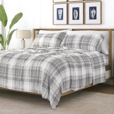 Home Collection Premium Plaid 4-Piece Flannel King Bed Sheet Set, Ash Gray, large