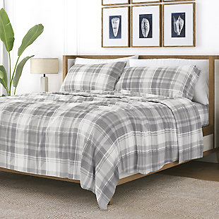 Home Collection Premium Plaid 4-Piece Flannel King Bed Sheet Set, Ash Gray, rollover