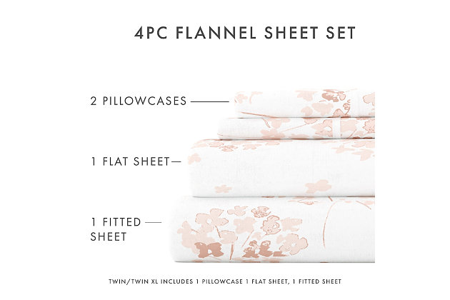 You are sure to enjoy your coziest night's sleep with our ultra soft Flower Bunch Flannel Sheet Set by ienjoy Home. Crafted from the most plush cotton-rich blend, you will never want to get out of these super soft and warm sheets. Available in Light Blue and Pink and designed to match any style!Twin size set includes: 1 fitted sheet: 39" w x 75" l +14" , 1 flat sheet: 66" w x 96" l , 1 standard pillowcase: 20" w x 30" l | Made of ultra-soft 100% cotton | Printed flower bunch pattern for a classic addition to any bedroom decor | 14" deep pocket fitted sheets -accomandates a mattress up to 18" deep | Easy care: machine wash cold, tumble dry low, do not bleach, iron, or use fabric softener. Fade and wrinkle resistant | Imported
