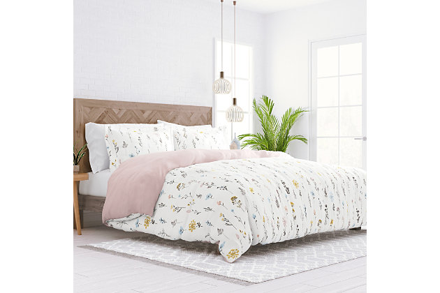 Enjoy the ultimate comfort and elegance with the Wild Flower 2-Piece Reversible Duvet Cover Set by iEnjoy Home. Both the Duvet Cover and the matching Shams are crafted with the finest microfiber that’s softness is unsurpassed. In addition, this quality set is durable, fade resistant, and wrinkle resistant.Twin Size Set Includes: 1 Duvet Cover: 74" x 94", 1 Standard Sham: 20" x 26" (2" flange) | Made with the highest quality imported microfiber yarns | Printed Wild Flower pattern reverse to Pink solid | Zippered Closure | Superior weave for durability and a buttery-soft feel | Imported