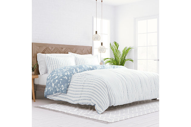 Add a pop of color to your bedroom decor with the beautiful Country Home 2-Piece Reversible Duvet Cover Set by iEnjoy Home! We crafted this product with your ultimate comfort in mind. It is ultra soft and velvety smooth. The microfiber construction is durable, wrinkle resistant, and 100% hypoallergenic! This Duvet Cover Set is the perfect addition to any bedroom!Twin Size Set Includes: 1 Duvet Cover: 74" x 94", 1 Standard Sham: 20" x 26" (2" flange) | Made with the highest quality imported microfiber yarns | Printed Country Home Floral pattern reverse to Stripe pattern | Zippered Closure | Superior weave for durability and a buttery-soft feel | Imported