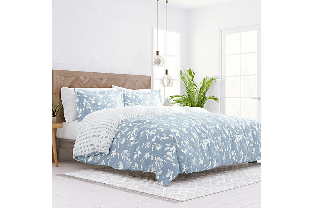 Add a pop of color to your bedroom decor with the beautiful Country Home 2-Piece Reversible Duvet Cover Set by iEnjoy Home! We crafted this product with your ultimate comfort in mind. It is ultra soft and velvety smooth. The microfiber construction is durable, wrinkle resistant, and 100% hypoallergenic! This Duvet Cover Set is the perfect addition to any bedroom!Twin Size Set Includes: 1 Duvet Cover: 74" x 94", 1 Standard Sham: 20" x 26" (2" flange) | Made with the highest quality imported microfiber yarns | Printed Country Home Floral pattern reverse to Stripe pattern | Zippered Closure | Superior weave for durability and a buttery-soft feel | Imported