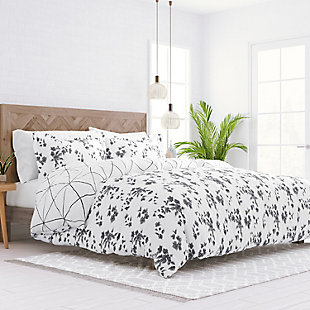 Home Collection Premium Ultra Soft Edgy Flowers Pattern 3-Piece Reversible King Duvet Cover Set, Charcoal/White, rollover