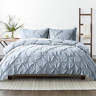 Enjoy the ultimate comfort and elegance with the 3-Piece Pinch Pleat Solid Duvet Cover Set by iEnjoy Home. Both the Duvet Cover and the matching Shams are crafted with the finest microfiber that’s softness is unsurpassed. In addition, this quality set is durable, fade resistant, and wrinkle free.Queen Size Set Includes: 1 Duvet Cover: 96" x 96", 2 Standard Shams: 20" x 26" (2" flange) | Made with the highest quality imported microfiber yarns | Pinch Pleat Design | Zippered Closure | Superior weave for durability and a buttery-soft feel | Imported