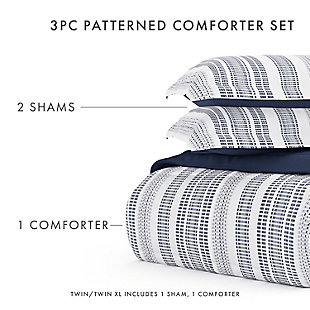 The perfect comforter to keep you cozy all year round. The Down Alternative Farmhouse Dreams Patterned reversible comforter set from the Home Collection features the perfect loft and Down-like feel to keep you warm and toasty while you sleep. Designed for healthy living and 100% hypoallergenic for allergy sufferers, this luxury comforter presents a quality alternative to Down with incredible loft and end to end baffle-box construction, preventing fiber from shifting, eliminating the need for regular fluffing.Twin Size Set Includes: 1 Comforter: 70" x 90", 1 Standard Sham: 20" x 26" (2" flange) | Light-weight shell for exceptional softness and drape | Generous baffle box stitching for optimum loft | Printed Farmhouse Dreams pattern reverse to Navy | Evenly filled for superior warmth | Imported