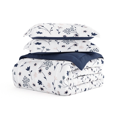 Home Collection Premium Down Alternative Forget Me Not Reversible King Comforter Set, Navy, rollover