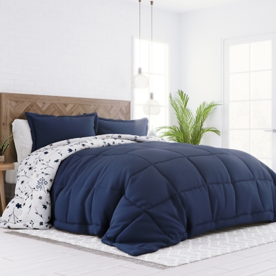 Home Collection Premium Down Alternative Forget Me Not Reversible Queen Comforter Set, Navy, large