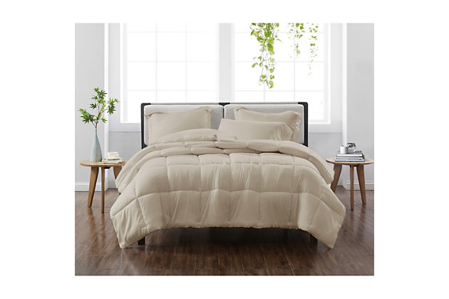 This collection is solid in so many ways. Crafted of supremely soft microfiber, the contemporary comforter and matching sham feature quality construction and pure style. They're the perfect coordinates to showcase in your home.Made of 100% microfiber | Polyfill | Imported | Set includes comforter and 1 pillow sham | Envelope closure on reverse of sham | Machine wash in appropriately sized equipment to avoid damage