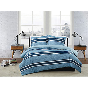 London Fog Mitchell Stripe 2-Piece Twin XL Comforter Set, Blue, rollover