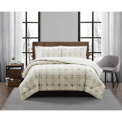 London Fog Popcorn Plaid Plush 2-Piece Twin/Twin XL Comforter Set, Gray/Neutral, large