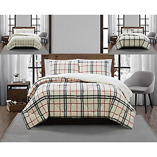 Stay warm on a cold night with this collection's innovative surface texture. The comforter and coordinating sham bring a fresh look to your room with sculpted sherpa fabric featuring a clean plaid print. The reverse is a polyester faux mink fur, so you have two layers of plush between you and winter's chill.Made of sculpted sherpa fabric | Imported | Polyfill | Set includes comforter and 1 pillow sham | Large-scale plaid print | Machine wash in appropriately sized equipment to avoid damage