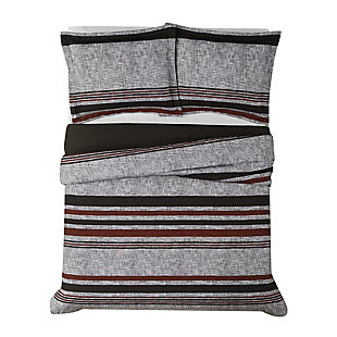 This masculine collection features deep charcoal shades combined with black and deep red horizontal stripes, for a dramatic statement in your bedroom. Made of soft brushed microfiber fabric that feels great, the duvet cover and matching sham reverse to a coordinating solid gray shade.Made of 100% microfiber polyester | Imported | Set includes duvet cover and 1 pillow sham; insert not included | Duvet cover and sham reverse to a coordinating solid gray shade | Button closure on duvet cover | Machine wash in appropriately sized equipment to avoid damage