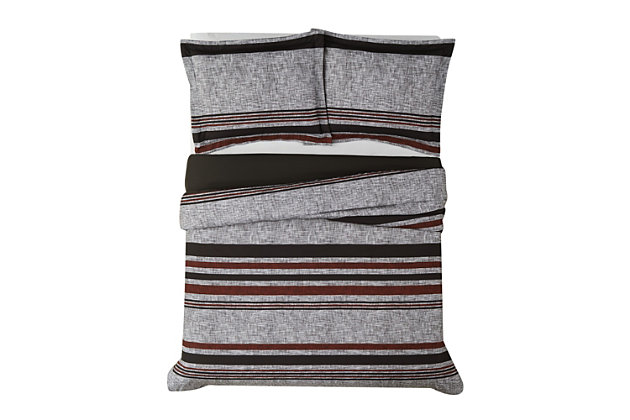 This masculine collection features deep charcoal shades combined with black and deep red horizontal stripes, for a dramatic statement in your bedroom. Made of soft brushed microfiber fabric that feels great, the duvet cover and matching sham reverse to a coordinating solid gray shade.Made of 100% microfiber polyester | Imported | Set includes duvet cover and 1 pillow sham; insert not included | Duvet cover and sham reverse to a coordinating solid gray shade | Button closure on duvet cover | Machine wash in appropriately sized equipment to avoid damage