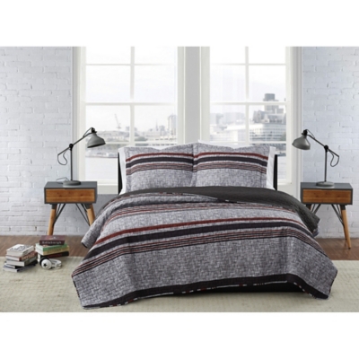 London Fog Warren Stripe 2-Piece Twin XL Quilt Set, Gray/Black, large