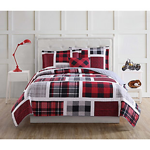 My World Buffalo Plaid 4-Piece Full Quilt Set, Black/Red, rollover