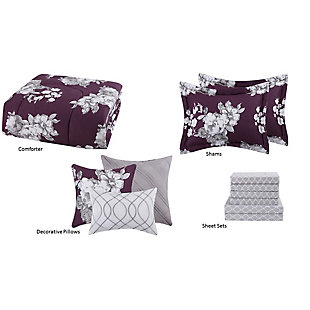 Style 212 Peony Garden Floral 12-Piece King Bed in a Bag, Purple/Gray, large