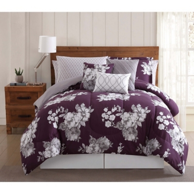 Style 212 Peony Garden Floral 12-Piece Queen Bed in a Bag, Purple/Gray, large