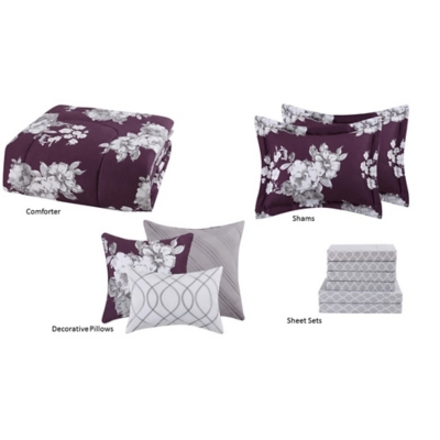 Style 212 Peony Garden Floral 12-Piece Queen Bed in a Bag, Purple/Gray, large