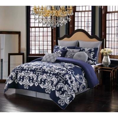 Style 212 Dolce King 10-Piece King Comforter Set, Silver/Navy, large