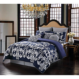 This collection features a traditional large-scale silver and white scroll pattern highlighted by a navy blue background. The grandly elegant 10-piece ensemble has everything you need: a comforter, a pleated bed skirt, 2 pillow shams that mirror the comforter's print, 2 solid silver Euro shams, a quilted round pillow, an embroidered breakfast pillow and 2 square pillows. Made with microfiber for softness and easy care.Made of 100% microfiber polyester | Polyfill | Imported | Set includes a comforter, 2 shams, 2 euro shams, one bed skirt with pleated drop, and decorative pillows: a quilted round pillow, an embroidered breakfast pillow and 2 square pillows | Comforter and shams are machine washable in appropriately sized equipment | Spot cleaning suggested for decorative pillows