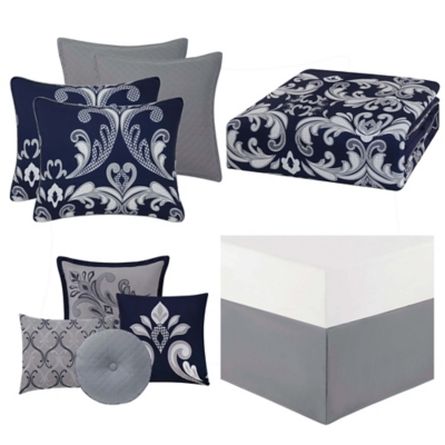Style 212 Dolce King 10-Piece King Comforter Set, Silver/Navy, rollover