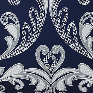 This collection features a traditional large-scale silver and white scroll pattern highlighted by a navy blue background. The grandly elegant 10-piece ensemble has everything you need: a comforter, a pleated bed skirt, 2 pillow shams that mirror the comforter's print, 2 solid silver Euro shams, a quilted round pillow, an embroidered breakfast pillow and 2 square pillows. Made with microfiber for softness and easy care.Made of 100% microfiber polyester | Polyfill | Imported | Set includes a comforter, 2 shams, 2 euro shams, one bed skirt with pleated drop, and decorative pillows: a quilted round pillow, an embroidered breakfast pillow and 2 square pillows | Comforter and shams are machine washable in appropriately sized equipment | Spot cleaning suggested for decorative pillows